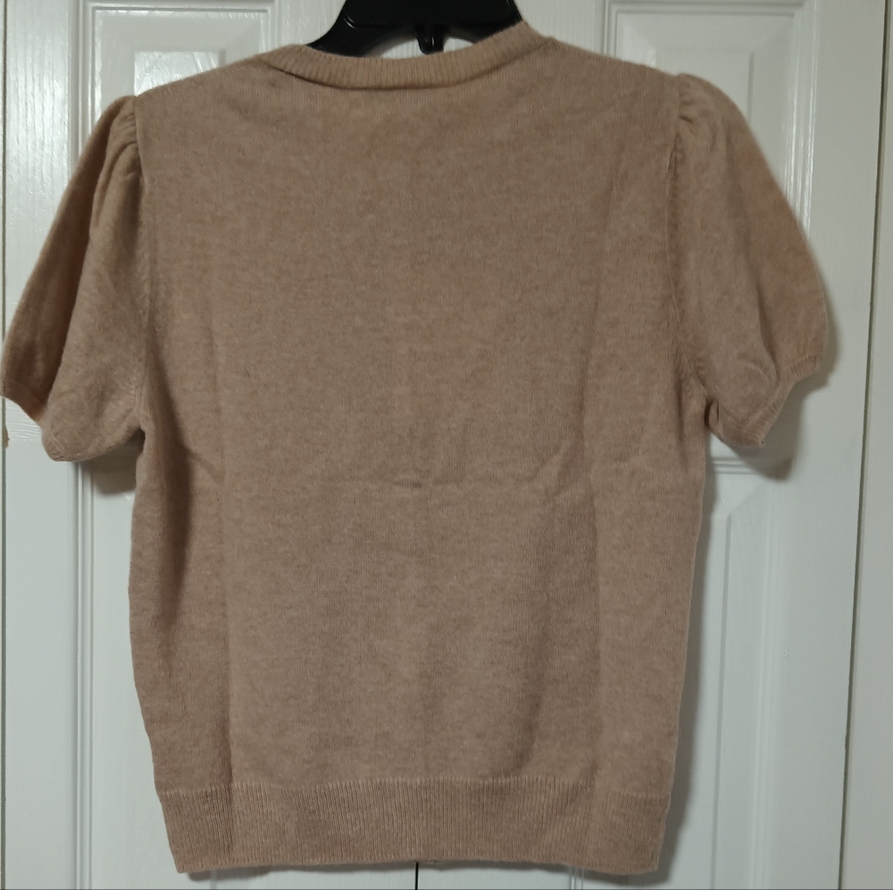 Billie Tan Knit Short Sleeve Merino Wool Cardigan Sweater - Picture 6 of 9